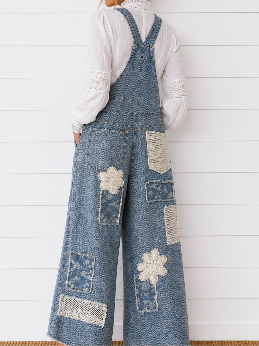NEW POL : “The Blue Jay”Denim Overalls with Crochet Patch Accents - Picture 4 of 4